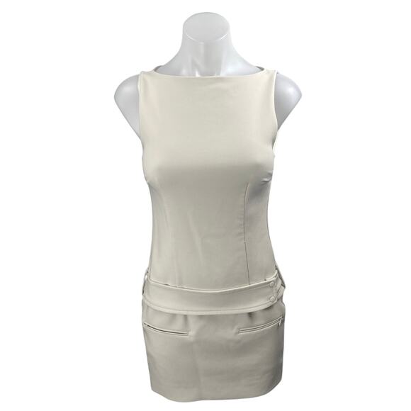 Zara Ivory White Sleeveless Boat Neck Belted Mini Tank Sheath Bodycon Dress S - Picture 1 of 5